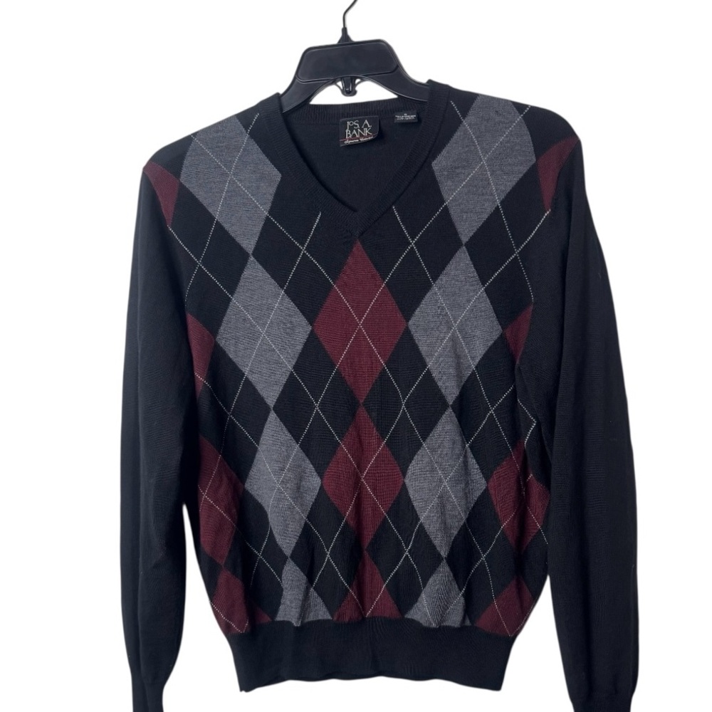 Jos. A. Bank Black and Burgundy Argyle V-Neck Sweater